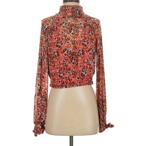 Free people dressy cropped turtleneck blouse - orange, floral, mesh - size Small